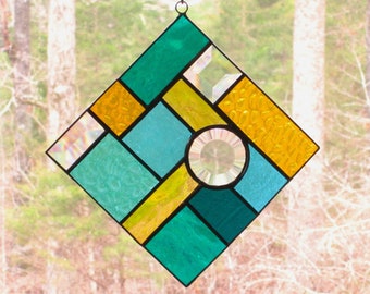 Stained Glass Suncatcher Abstract Stained Glass and Bevels in Southwest Colors, Teal, Light and Dark Amber, Sky Blue,