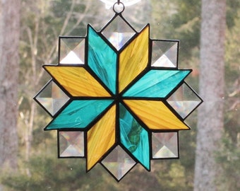 Stained Glass Suncatcher, Quilt Pattern - 8 Point Star, Amber, Teal (Turquoise) Green, & Clear Bevels