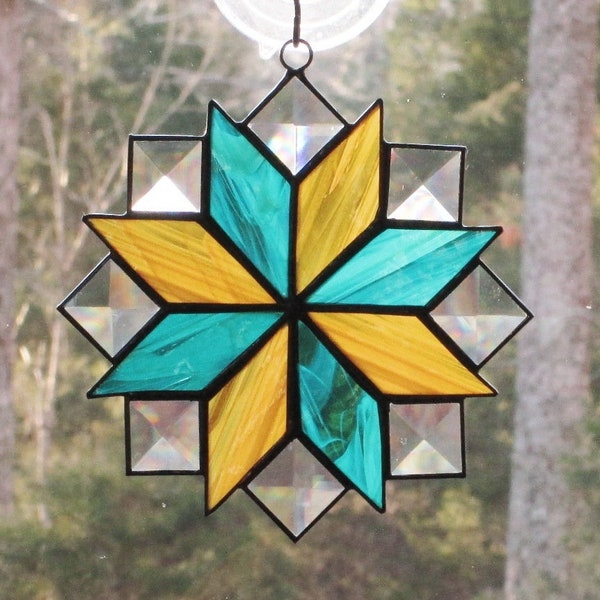 Stained Glass Suncatcher, Quilt Pattern - 8 Point Star, Amber, Teal (Turquoise) Green, & Clear Bevels