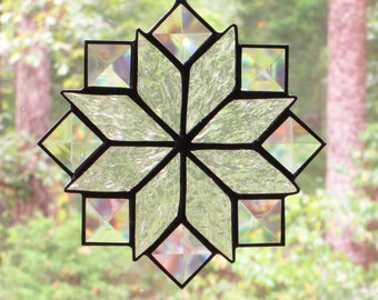 Stained Glass Quilt Suncatcher in the 8 Point Star Pattern with Clear Textured Glass, and Clear Bevels