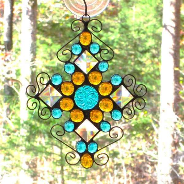 Stained Glass Suncatcher Victorian Cross, Amber & Teal Green Nuggets with Teal Victorian Swirl Jewel Center, Curly Cue Accent Wire, 6" x 8"
