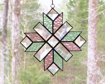 Stained Glass Suncatcher - Cross, Quilt Pattern in Rose Pink and Light Green Glass with Clear Bevels