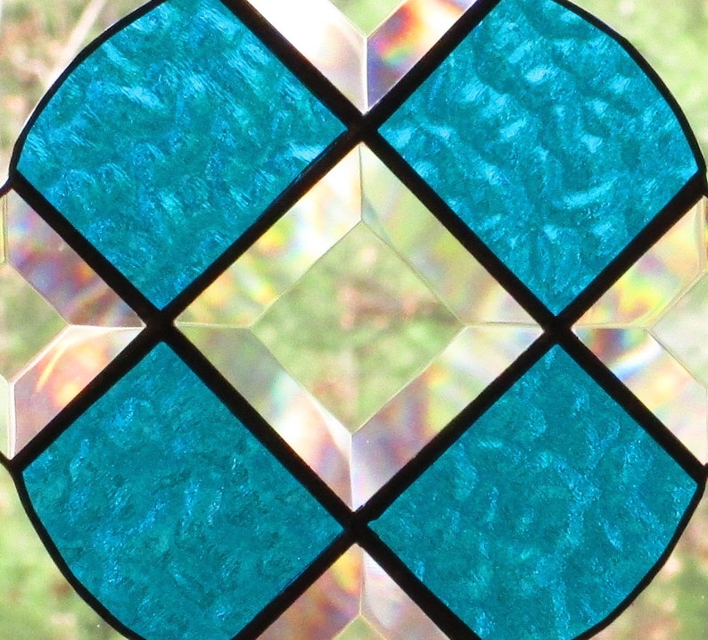 Blue Green Textured Glass with Bevels Stained Glass Victorian Suncatcher