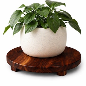 Op de afbeelding: Een weelderige groene plant in een gespikkelde witte keramische pot staat op een ronde, donkerbruine houten plantenstandaard. De plant heeft grote, glanzende bladeren. De standaard heeft een rijk houtnerfpatroon en wordt ondersteund door vier kleine, vierkante voetjes.