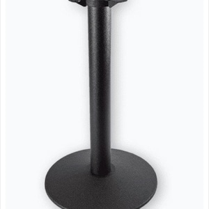May include: A black, round table base with a central column and a four-pronged top for attaching a tabletop. The base has a circular footprint, providing stability. This sturdy base is designed for commercial or residential use.