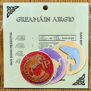 6 vintage Ierse muntsticker-collectie| Eland, paard, stier, zalm, Keltische vogel en pauw | Gaelic Gaeilge-stickers voor Ierse cultuur en gif