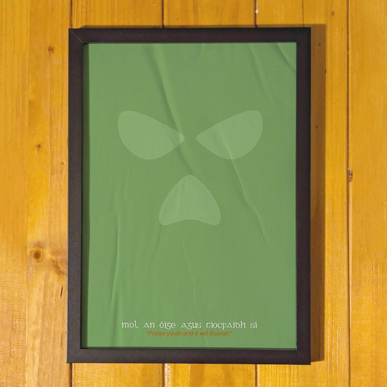 Peut inclure: Affiche encadr&eacute;e avec un fond vert et un design de visage stylis&eacute;. L'affiche porte le texte "mol an &oacute;ige agus tiocfaidh si" et "Praise youth and it will flourish". Le cadre est noir, et le fond est un mur en bois.