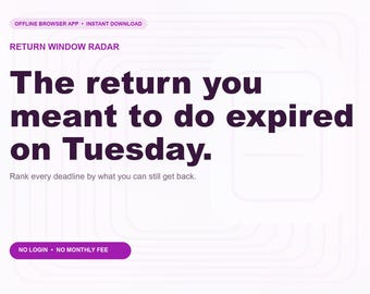 Return Window Radar Offline Browser App, Purchase Return Tracker, Digital Download, No Subscription