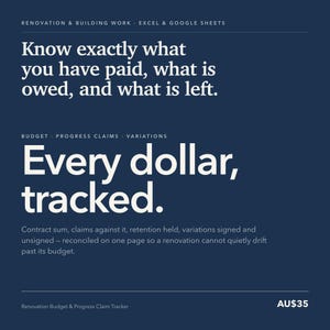 Op de afbeelding: Een donkerblauw digitaal spreadsheet-sjabloon voor renovatie- en bouwwerkzaamheden. De tekst luidt: Renovation & Building Work, Excel & Google Sheets, Know exactly what you have paid, what is owed, and what is left, Budget, Progress Claims, Variations, Every dollar, tracked, Contract sum, claims against it, retention held, variations signed and unsigned, en Renovation Budget & Progress Claim Tracker.