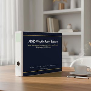 May include: A white three-ring binder with a dark blue cover featuring the text ADHD Weekly Reset System, Gentle visual planning for overwhelmed brains — weekly resets, 90-day goals, habits & declutter, 35 pages, 5 kits in one, A4 + US Letter, Instant download, MachineJane Digital.