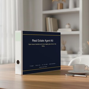 May include: A white ring binder featuring a dark blue cover insert titled Real Estate Agent Kit. The text includes Open-house checklists and home-staging plans that win the listing, 14 pages, 2 kits in one, A4 + US Letter, and Instant download.