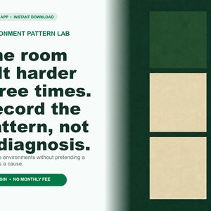 Può includere: Una grafica digitale che presenta il testo "ENVIRONMENT PATTERN LAB. The room felt harder three times. Record the pattern, not a diagnosis. Compare environments without pretending a pattern is a cause." accanto a una griglia di quadrati verde scuro e beige.