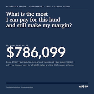 Puede incluir: Un gráfico digital azul oscuro para una calculadora de viabilidad de desarrollo inmobiliario australiano. Contiene el texto: What is the most I can pay for this land and still make my margin? Residual Land Value $786,099. Solved from build cost.