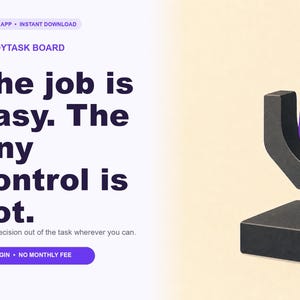 Puede incluir: Una interfaz digital para SteadyTask Board con el texto: The job is easy. The tiny control is not. Move precision out of the task wherever you can. Offline App, Instant Download, No Login, No Monthly Fee. Una esfera geométrica de color morado.