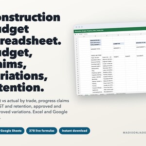 Hoja de cálculo para presupuesto de construcción, seguimiento de costos de construcción con reclamaciones de avance, variaciones y retenciones, Excel y Google Sheets