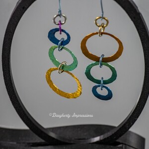 Hypoallergenic, hand hammered circles dangle earrings in niobium, multiple colors available, bespoke
