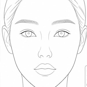 Op de afbeelding: Lijntekening van een gezicht, een make-up schema. Het gezicht wordt in een frontaal aanzicht weergegeven, met symmetrische kenmerken zoals ogen, neus en lippen. De wenkbrauwen zijn licht gebogen. Het haar is in het midden gescheiden.