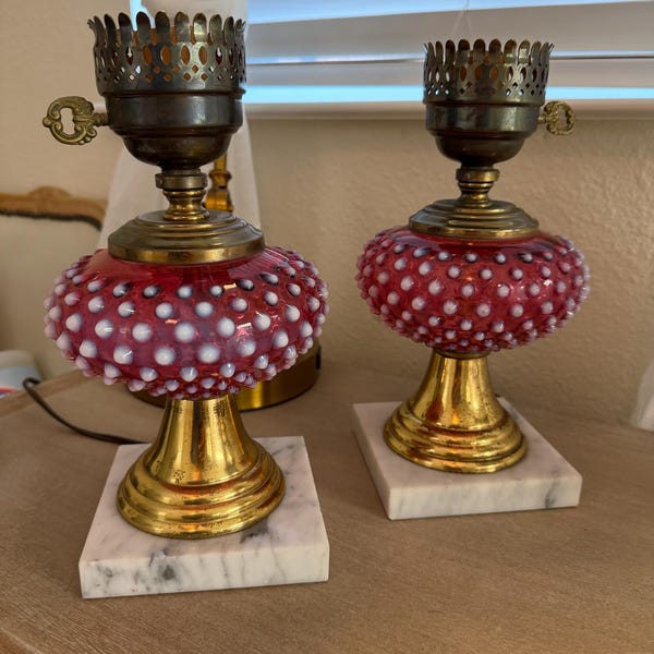 Pair or two Fenton Cranberry Opalescent Hobnail Lamps