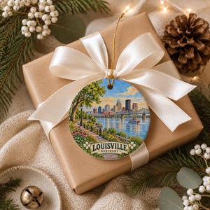 May include: A round ceramic ornament featuring a colorful illustration of the Louisville, Kentucky skyline, a river, and a steamboat. The text LOUISVILLE KENTUCKY is printed at the bottom. It is tied with a gold string and a white satin ribbon.