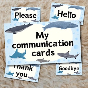Non-verbale communicatiekaarten met walvis-, dolfijn- en haaienthema, digitaal afdrukbaar | Begrip vergroten en gevoelens uiten