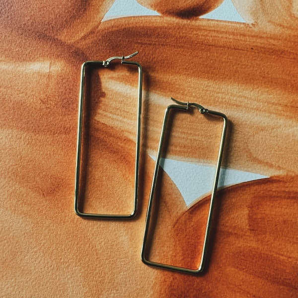 rectangle earrings golden hoop | add your own design | rectangular square long earring | 2 pieces 1 pair | stainless steel | hypoallergenic