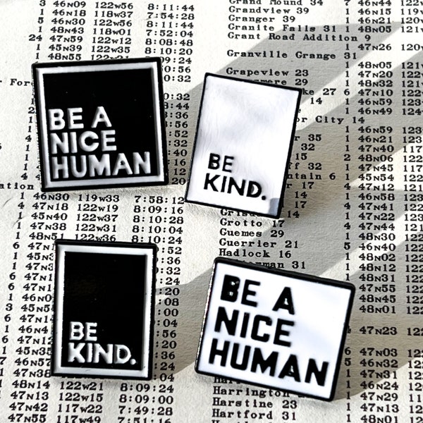 black and white enamel pins | be kind | be a nice human | tie tack | stainless steel words | stocking stuffer | small christmas gift