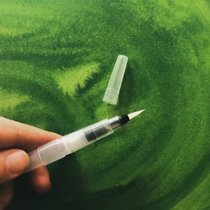 Op de afbeelding: Een transparante waterverfkwast van plastic met een zwarte punt en een bijpassende transparante plastic dop. De kwast ligt op een groen oppervlak.