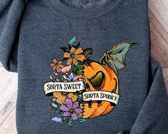 Floral Pumpkin Sweatshirt,Pumpkin Hoodie,Womens Halloween Tee,Halloween Gifts,Retro Halloween Shirt,Fall Women Gift,Sorta Sweet Sorta Spooky