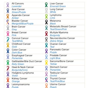 May include: A chart with a list of different types of cancer and their corresponding awareness ribbon colors. The chart is divided into two columns, one for each type of cancer and the other for the color of the ribbon. The ribbon colors are shown next to the name of the cancer.