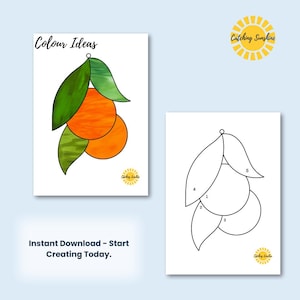 Peut inclure: Un modèle de vitrail imprimable d'un groupe de trois oranges avec des feuilles. Le motif est numéroté de 1 à 5 pour une coloration facile. Le texte "Catching Sunshine" est dans le coin supérieur droit de l'image.