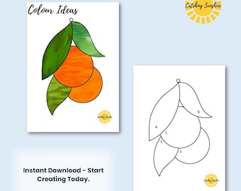Puede incluir: Un patrón de vitral imprimible de un racimo de tres naranjas con hojas. El patrón está numerado del 1 al 5 para facilitar la coloración. El texto "Catching Sunshine" está en la esquina superior derecha de la imagen.