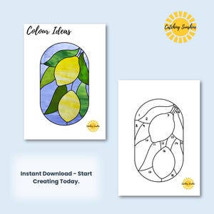 May include: A printable color-by-number design of two lemons with leaves in a stained glass style. The design is numbered 1 through 18.  The text "Catching Sunshine" is in the upper right corner of the image.