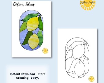 Puede incluir: Un diseño de colorear por números imprimible de dos limones con hojas en estilo vitral. El diseño está numerado del 1 al 18. El texto "Catching Sunshine" está en la esquina superior derecha de la imagen.