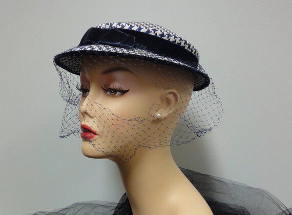 1950s Houndstooth Check Hat Navy Blue, White Silk… - image 4