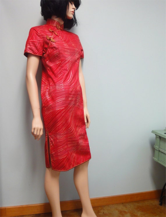 Vintage 70s Asian Wiggle Dress, Red Cotton Cheong… - image 4