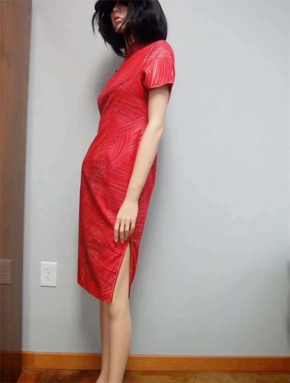Vintage 70s Asian Wiggle Dress, Red Cotton Cheong… - image 1