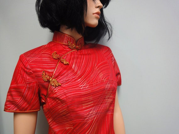 Vintage 70s Asian Wiggle Dress, Red Cotton Cheong… - image 2
