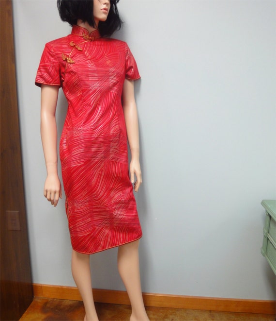 Vintage 70s Asian Wiggle Dress, Red Cotton Cheong… - image 3