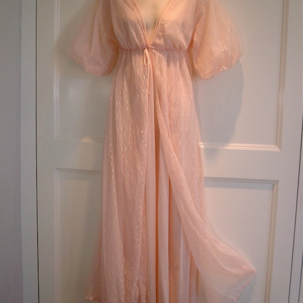 Chiffon Empire Peignoir SetVintage 1950s 1960s Nightgown and Long Robe in Apricot Pink Orange Doubled Puff Sleeves