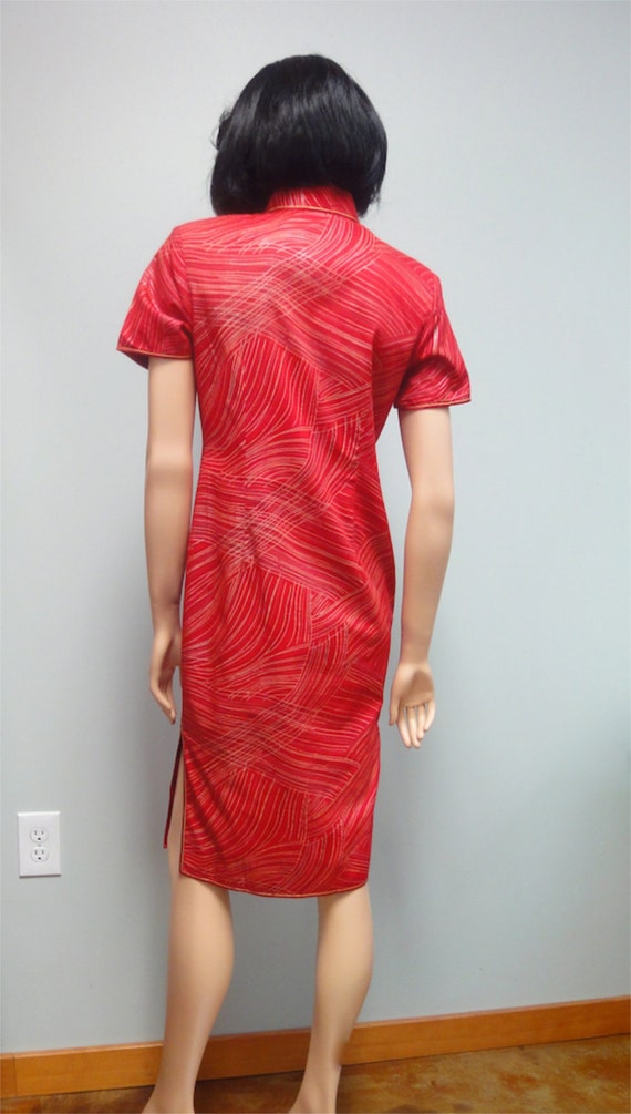 Vintage 70s Asian Wiggle Dress, Red Cotton Cheong… - image 5