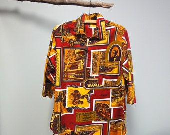 Vintage 70s Hawaiian Shirt Historic Waianae Unique Elbow Sleeved Cabana Shirt