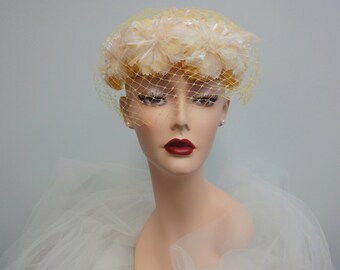 Vintage 1960s Canary Yellow Veiled Hat Cage Head Piece White Carnations