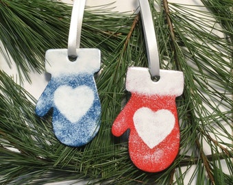 Mitten Heart Ornament Enameled Available in Two Colors