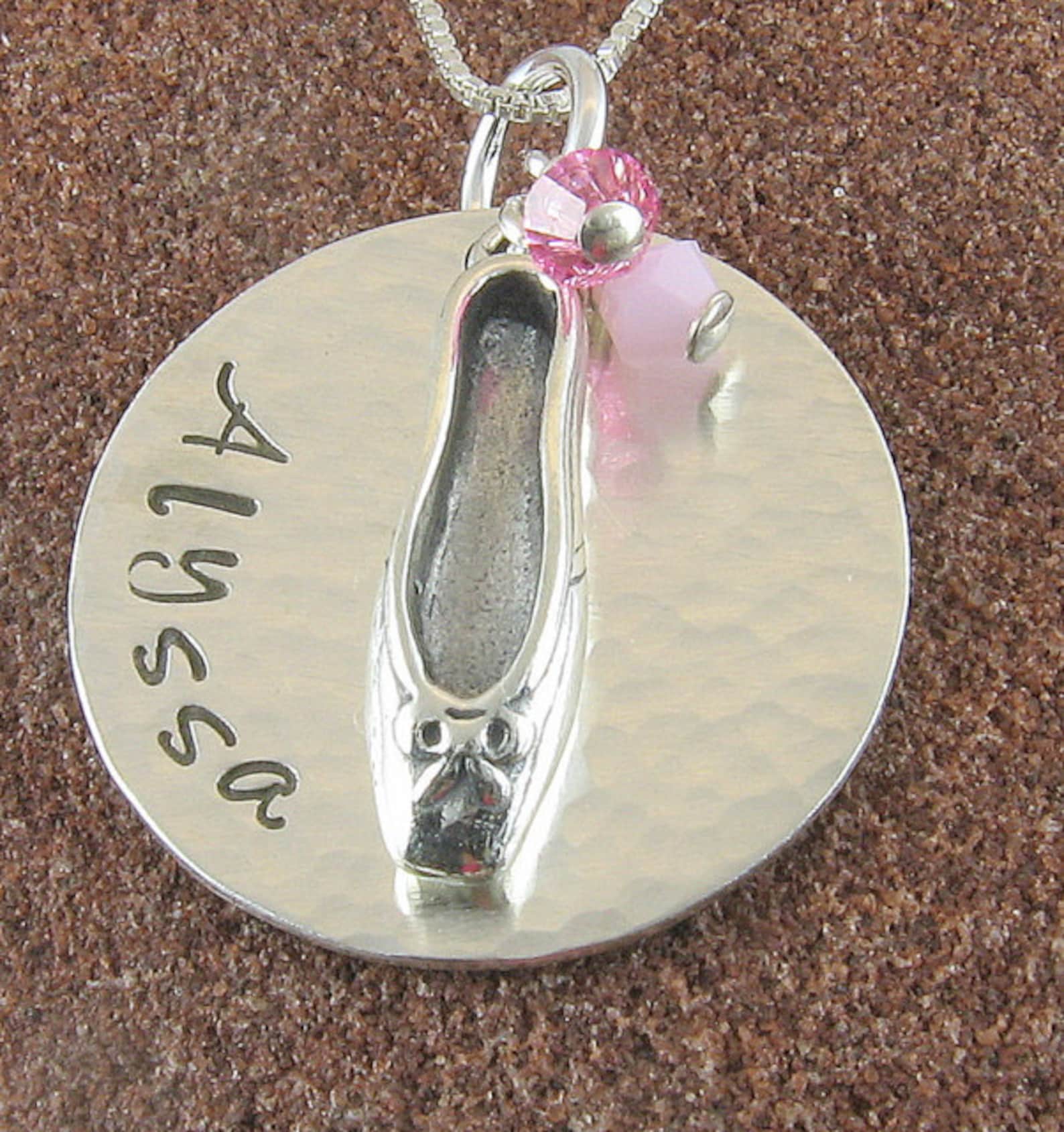 ballet necklace, sterling silver ballet slipper necklace hand stamped with any name and swarovski crystals