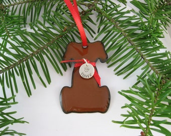 Dog Ornament and Keepsake,Personalized Enameled Dog Ornament, Five Color Choices with Sterling Silver Name Tag,Twelve Ribbon Choices