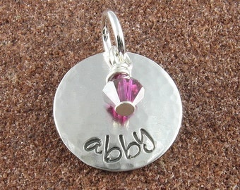 Personalized Sterling Silver Charm,(Any Name) Hammered with Birthstone Crystal