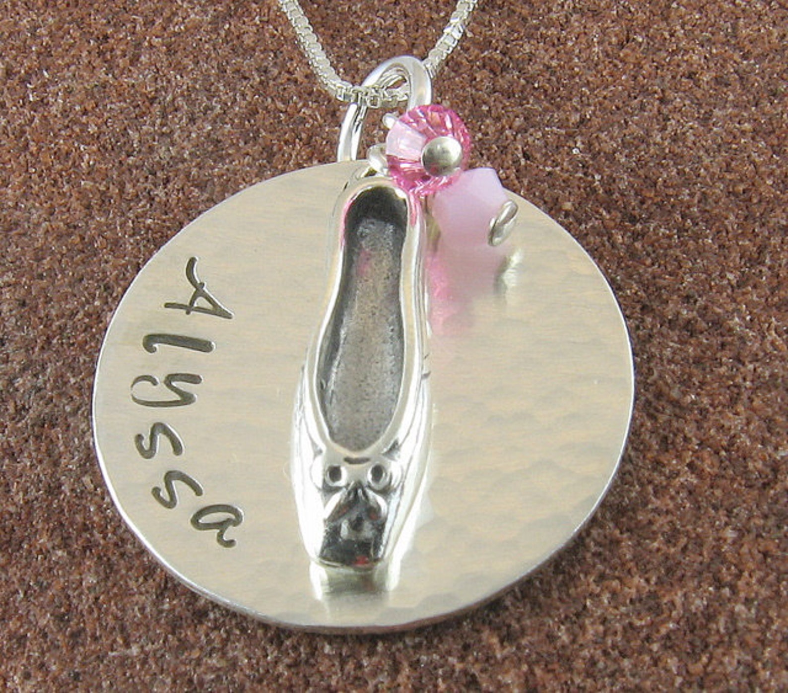ballet necklace, sterling silver ballet slipper necklace hand stamped with any name and swarovski crystals