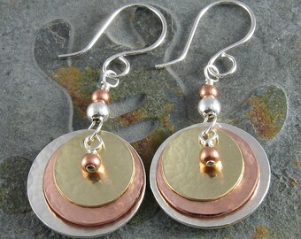 Multi Metal Textured Dangle Earrings,Sterling Silver, Copper and 14k Gold Filled