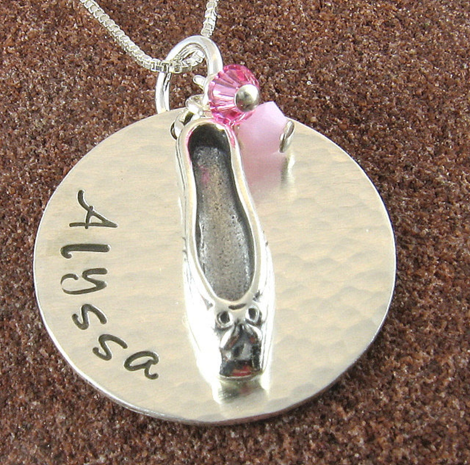 ballet necklace, sterling silver ballet slipper necklace hand stamped with any name and swarovski crystals