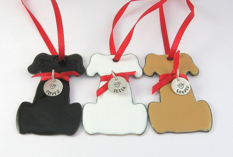 Dog Ornament and Keepsake,Personalized Enameled Dog Ornament, Five Color Choices with Sterling Silver Name Tag,Twelve Ribbon Choices image 2